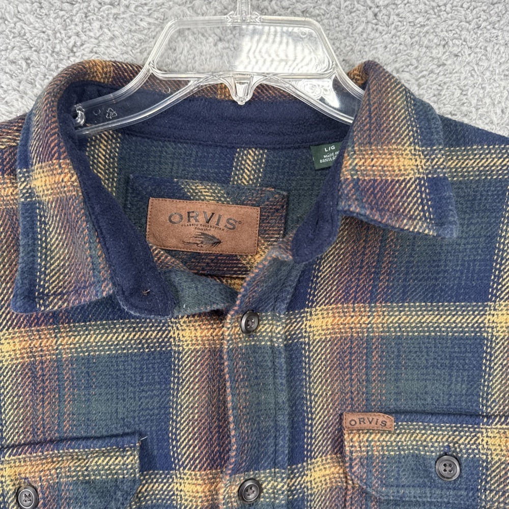 Orvis Flannel Shirt Jacket Mens Large Thick Blue Green Brown Plaid Outdoor